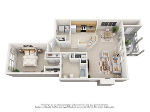 Floor plan for 1 bed, 1 bath, 989 sqft